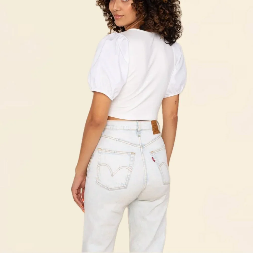 (NWOT) NLT Cotton-Poplin Puff Sleeve V-Neck Crossover Cropped Blouse (White) - Picture 5 of 14